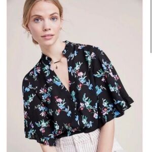 Maeve black floral flutter sleeve button down top | M